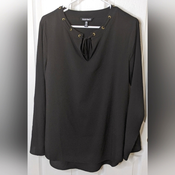 Ellen Tracy Women's Black Top Blouse Laced Grommets Roll Tab Sleeves Size Medium - Picture 6 of 7